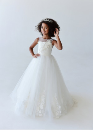 Ivory Lace Tulle Sheer Back Floor Length Flower Girl Dress
